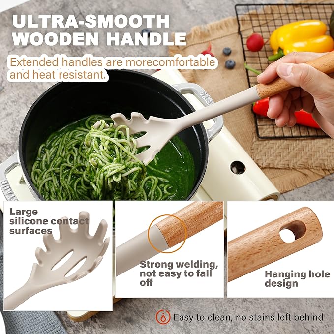 QMVESS Silicone Cooking Utensils Set, Kitchen Utensils Set 7 Pcs with Long Wooden Handle, Food Grade and Heat Resistant Large Silicone Spatula Set for Nonstick Cookware, BPA Free(Khaki)-Ruum Studio Home