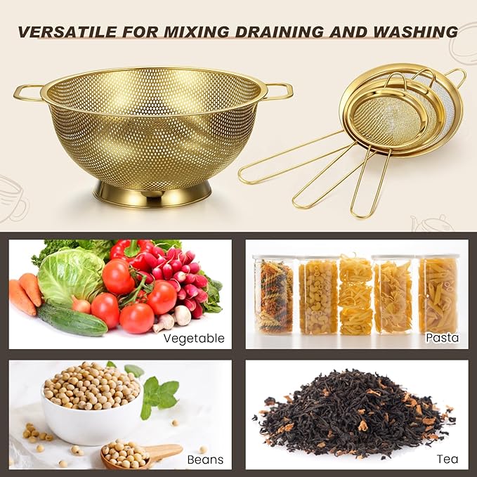 Norme 4 Quart Stainless Steel Gold Colander and 3 Pcs Gold Fine Mesh Strainer, Stainless Steel Pasta Rice Food Metal Strainer with Handles, Easy Clean and Dishwasher Safe-Ruum Studio Home