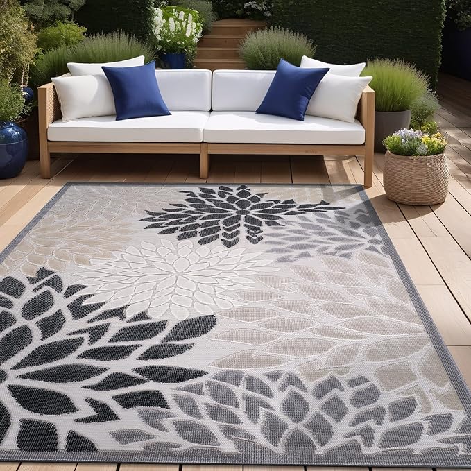 Beverly Rug Outdoor Rug 9x12 Large Modern Floral Tropical Area Rugs for Indoor and Outdoor Patio Easy to Clean Non Shedding Living Room Porch Garden Washable Outside Carpet (9 x 12 Beige)-Ruum Studio Home