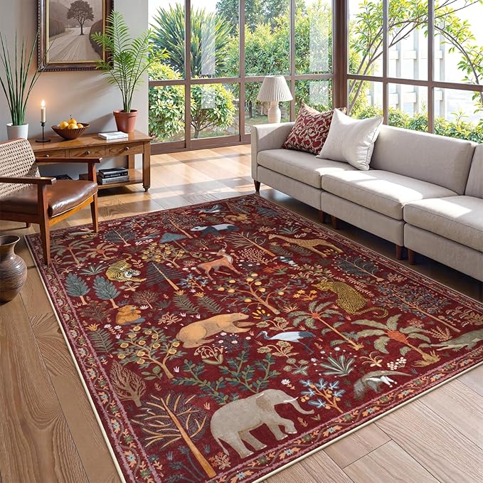 OJIA Jungle Print Washable Area Rugs 5x7, Soft Rugs for Living Room Ultra-Thin Non-Shedding Modern Bedroom Rug, Stain Resistant Throw Rug Large Carpet for Kids Nursery Dining Room, Red-Ruum Studio Home