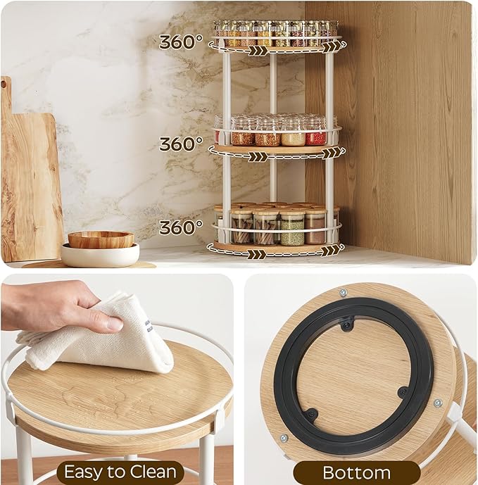 3-Tier Lazy Susan Organizer, Rotating Spice Rack, Spinning Organizer, Industrial Turntable Spice Rack Organizer for Cabinet, Kitchen Countertop, Pantry, White and Natural SR23WN-Ruum Studio Home
