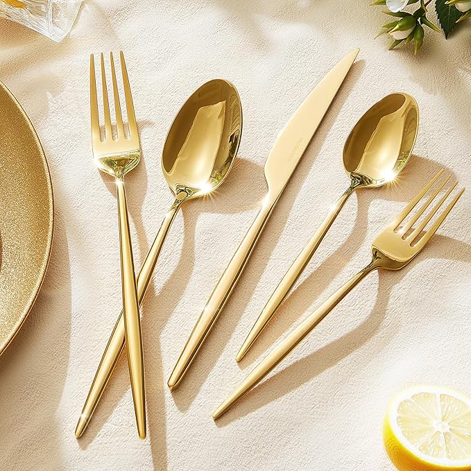 KINGSTONE Silverware Set, 20-Piece Flatware Set Cutlery Set Premium 18/10 Stainless Steel, Tableware Include Forks Knives Spoons for Home Kitchen Restaurant Wedding, Dishwasher Safe, Gold-Ruum Studio Home
