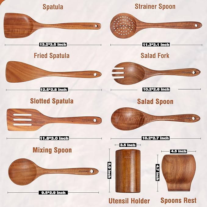 9 Piece Natural Teak Wooden Kitchen Utensil Set with Spoon Rest - Comfort Grip Cooking Spoons and Utensils Holder-Ruum Studio Home