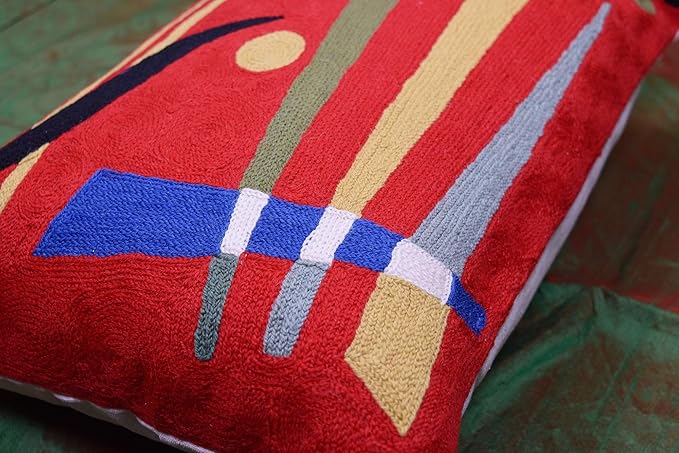Lumbar Kandinsky Red Abstract Pillow Cover Modern Throw Pillowcase Chair Cushion Contemporary Farmhouse Pillowsham Couch Handembroidered Wool Size 14x20-Ruum Studio Home