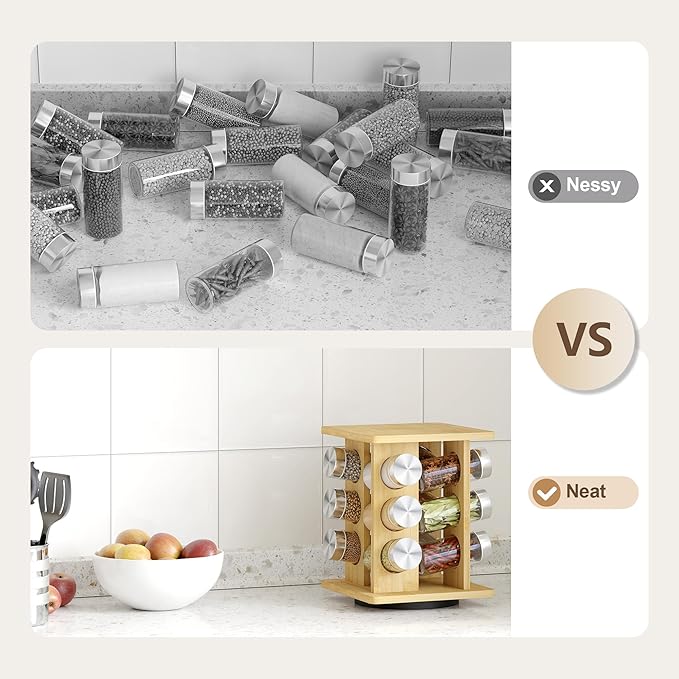 WelFurGeer Bamboo Spice Rack Organizer for Countertop, Revolving Spice Shelf with 12 Glass Jars, Lids & Labels, Desktop Rotating Seasoning Organizer for Kitchens, Space-Saving Design-Ruum Studio Home