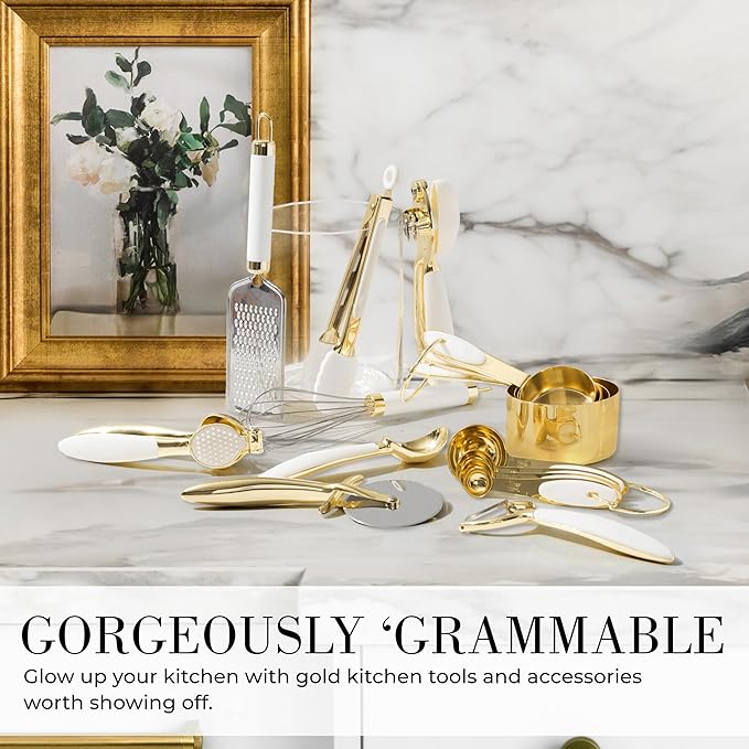 White & Gold Cooking Utensils Set - Luxe 8-Piece Kitchen Gadget Set Includes Can Opener, Tongs and Garlic Press - Stylish White and Gold Kitchen Accessories for Modern Kitchens, Ideal for Gifting-Ruum Studio Home