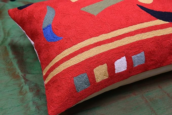 Lumbar Kandinsky Red Abstract Pillow Cover Modern Throw Pillowcase Chair Cushion Contemporary Farmhouse Pillowsham Couch Handembroidered Wool Size 14x20-Ruum Studio Home