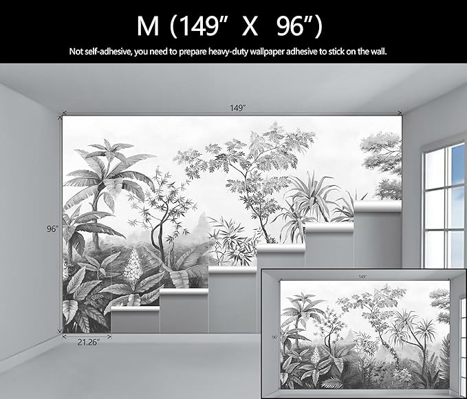 Gray Tropical Rainforest Botanical Wallpaper Bedroom Hand-Painted Oil Painting Jungle Plant Wall Mural Living Room (Not Peel and Stick)