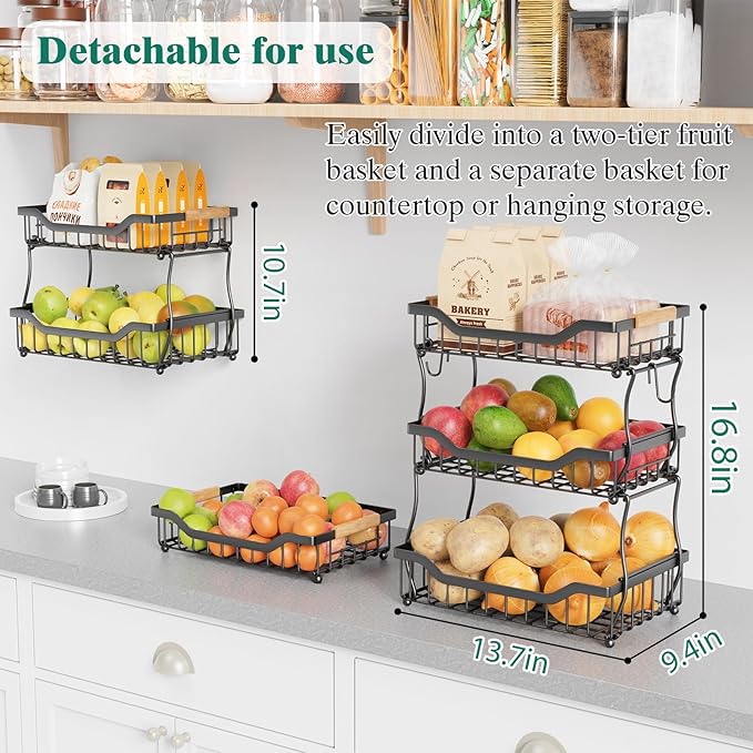 Giwil 3 Tier Countertop Fruit Basket for Kitchen, Vegetable Storage Bread Fruit Bowl Stand with 2 Banana Hooks, Wall Mounted Metal Wire Basket Organizer for Potato Onion, Black-Ruum Studio Home