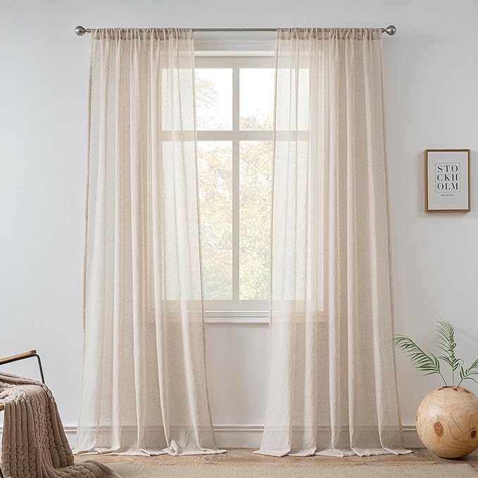 FMFUNCTEX Linen Sheer Curtains for Bedroom, Taupe Curtains 63 Inch Length for Living Room, Brown Farmhouse French Flax Blend Window Draperies, Rod Pocket 2 Panels Set-Ruum Studio Home