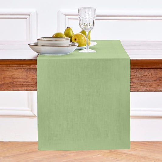 Solino Home Linen Table Runner 48 Inches - 100% Pure Linen Laurel Green Table Runner 14 x 48 Inch Ideal for Dresser and Coffee Tables - Fall, Autumn, Thanksgiving - Fete-Ruum Studio Home