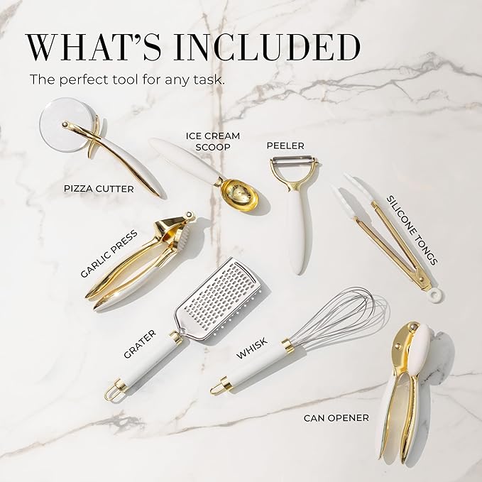 White & Gold Cooking Utensils Set - Luxe 8-Piece Kitchen Gadget Set Includes Can Opener, Tongs and Garlic Press - Stylish White and Gold Kitchen Accessories for Modern Kitchens, Ideal for Gifting-Ruum Studio Home