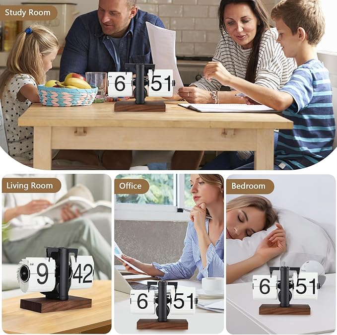 Flip Desk Clock, Retro Vintage Flip Desk Table Clock, Digital Sided Large Numbers Mechanical Flip Clock Wood Base for Living Room, Study Room and Office(Black)