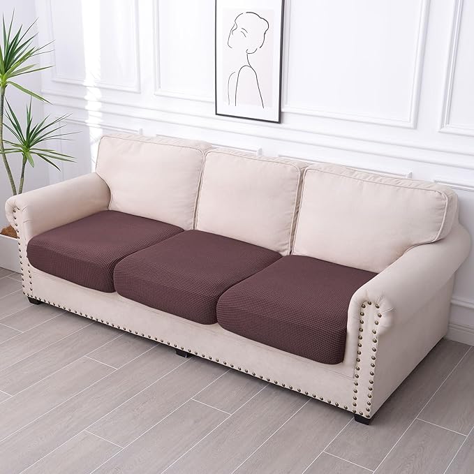 hyha Waterproof Couch Cushion Covers for Pets, Non Slip Sofa Seat Cover for Dogs Washable, Soft Thick Stretch Jacquard Fabric, Sofa Slipcovers with Elastic Bottom (3 Pieces, Chocolate)-Ruum Studio Home