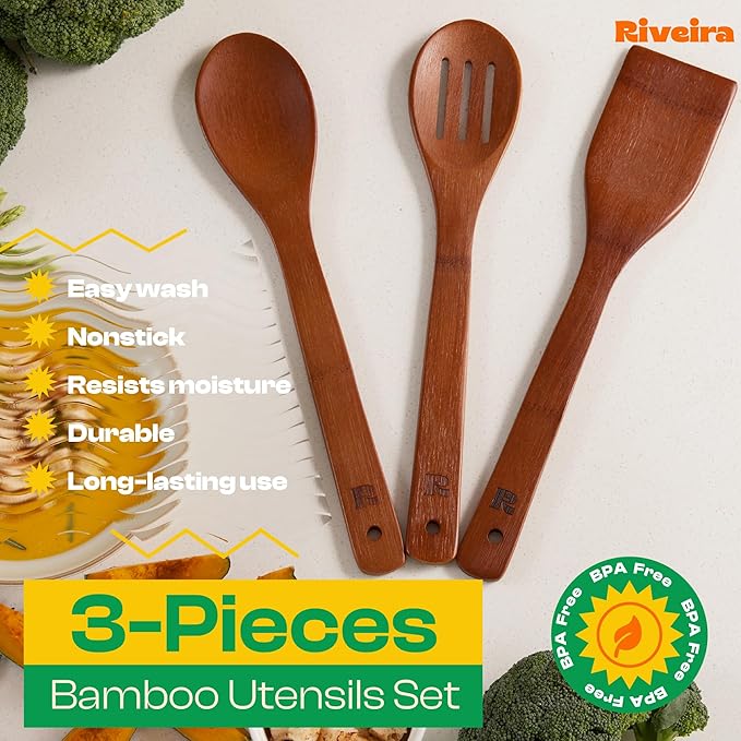 Riveira Premium Brown Bamboo Wooden Spoons for Cooking Set of 3 – Premium Brown Bamboo Wooden Cooking Utensils, Wooden Spatula, Wooden Spoon - Premium Quality Wooden Utensil Set for Non-Toxic Cooking-Ruum Studio Home