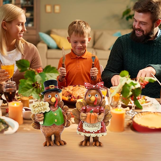 Thanksgiving Turkey Decor - 2Packs Resin Turkey Couple Standing Figurines Thanksgiving Decorations- Fall Decor Indoor for Tables Centerpieces Harvest Farmhouse Kitchen-Ruum Studio Home