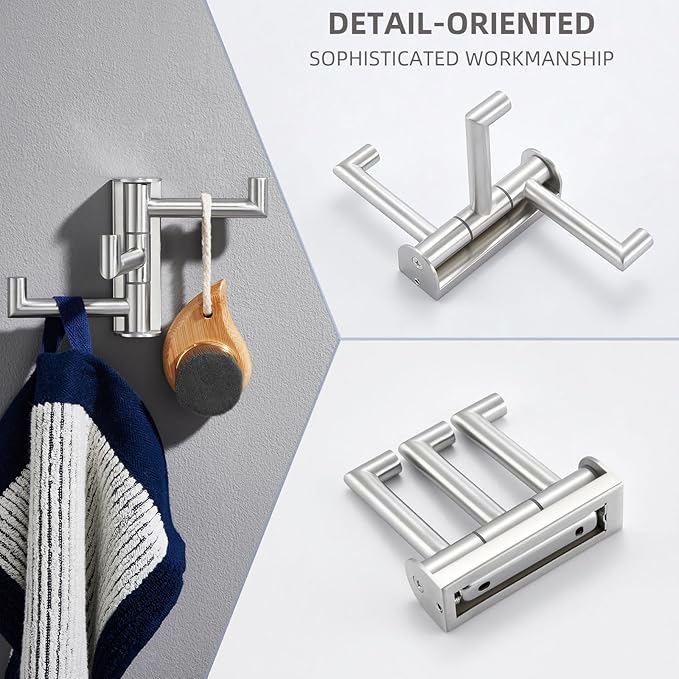 Angle Simple Swivel Towel Hook 3 Arms, SUS 304 Stainless Steel Foldable Robe Towel Hook for Bathroom, Wall Coat Holder, Brushed Nickel-Ruum Studio Home