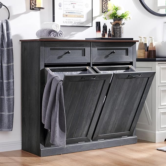 Double Tilt Out Laundry Hamper Cabinet, 20 Gallon Farmhouse Trash Can Cabinet with Drawer, Hidden Wood Garbage Can Bin Cabinet with Laundry Storage Basket for Bathroom, Kitchen, Dark Grey-Ruum Studio Home