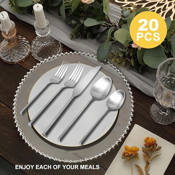 20 Piece Stainless Steel Silverware Set, Handle Flatware, Modern Matte Finish Cutlery Set, Service for 4, Dishwasher Safe-Ruum Studio Home