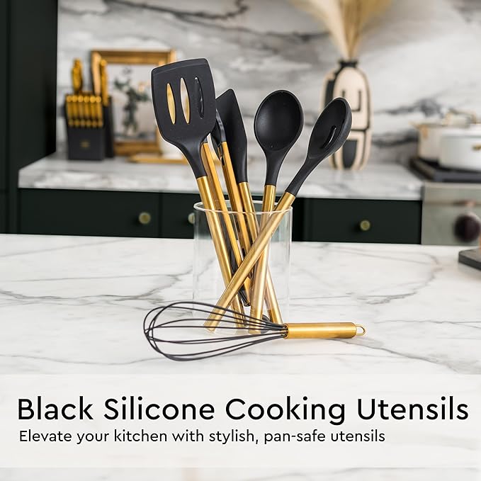 Black and Gold Kitchen Utensils Set - 19-PC Set Includes Stainless Steel and Silicone Cooking Utensils, Measuring Cups and Spoons - Black and Gold Kitchen Accessories for Stylish Cooking & Serving-Ruum Studio Home