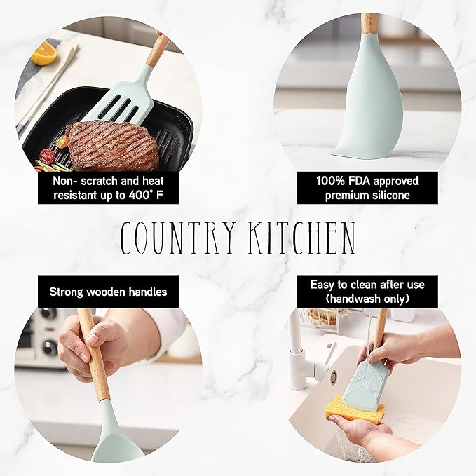 Country Kitchen Non Stick Silicone Utensil Set with Rounded Wood Handles for Cooking and Baking, 14 Piece Set, Mint-Ruum Studio Home