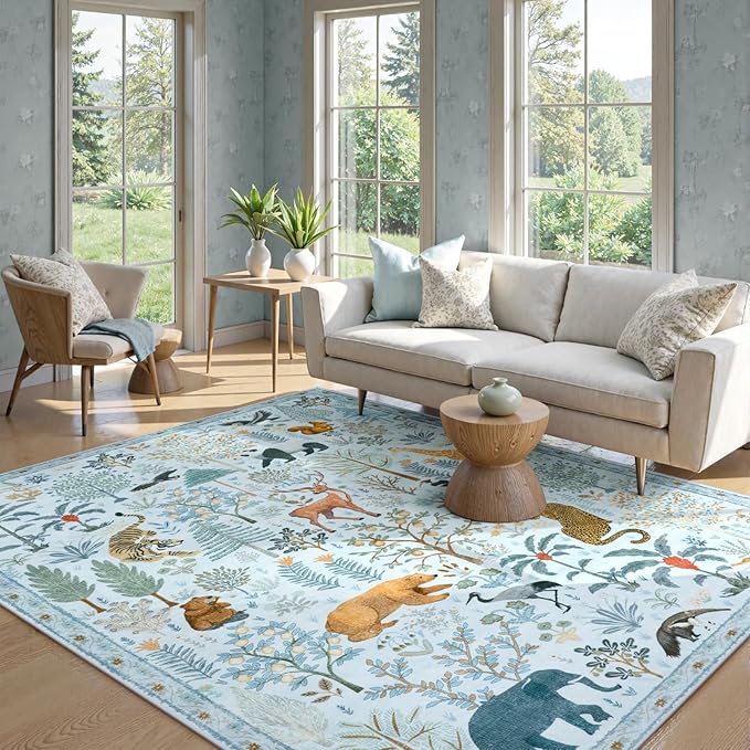 OJIA Animal Area Rugs 8x10, Soft 8x10 Washable Rugs for Living Room Bedroom, Non-Slip Boho Ultra-Thin Dining Room Rug Large Throw Carpet for Farmhouse Playroom Office, Light Blue-Ruum Studio Home