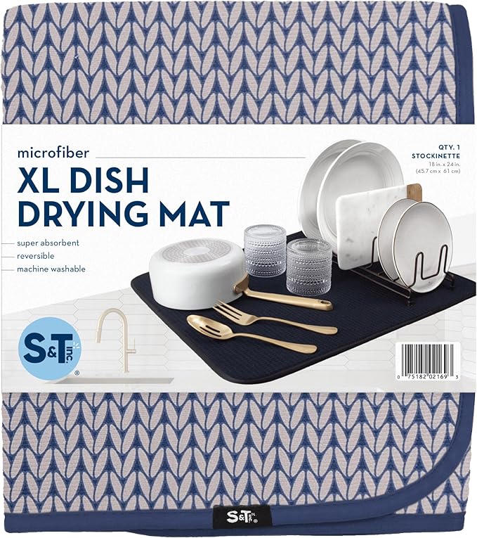 S&T INC. Dish Drying Mat XL, 18” x 24”, Absorbent Microfiber Kitchen Counter Mat, Dish Drying Pad for Dishes, Utensils, Pots and Pans, Extra Large, Blue Stockinette-Ruum Studio Home