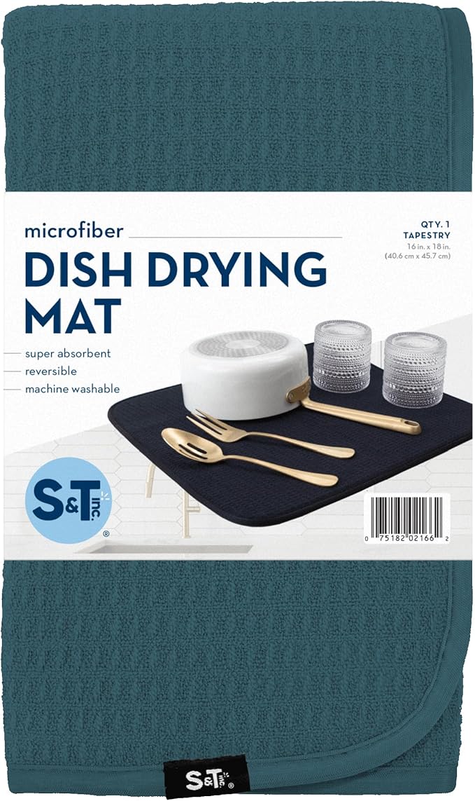 S&T INC. Dish Drying Mat, 16” x 18”, Absorbent Microfiber Kitchen Counter Mat, Dish Drying Pad for Dishes, Utensils, Pots and Pans, Large, Tapestry Blue-Ruum Studio Home