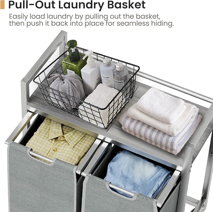 Laundry Hamper, Laundry Basket, Laundry Sorter with 3 Removable Bags, Clothes Basket with 3 Compartments, Wheels, Shelf for Laundry Room Bathroom Bedroom (2 Bags-Gray)-Ruum Studio Home