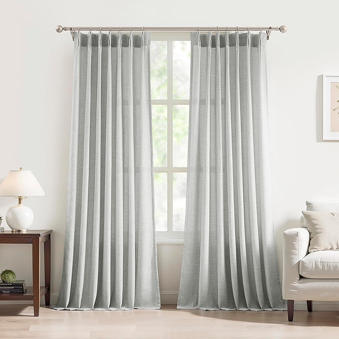 FMFUNCTEX Pinch Pleated Curtains 96 Inches Long for Living Room, Grey Semi Sheer Faux Linen Textured Pleat Drapes for Bedroom with Hooks, Light Filtering Farmhouse Window Drapes 2 Panels-Ruum Studio Home