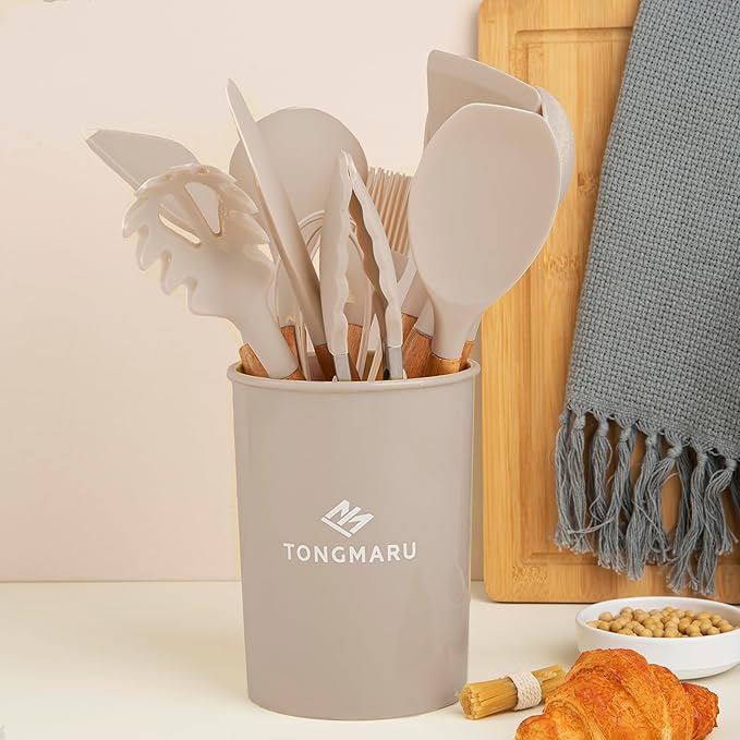 Silicone Cooking Utensils Set, Premium Beech Wood Handle Kitchen Gadgets Utensil Set, Non-Stick Kitchen Utensils Spatula, Tongs, Turner, Whisk, Brush, Spoon, BPA FREE, 446°F Resistant (Khaki)-Ruum Studio Home