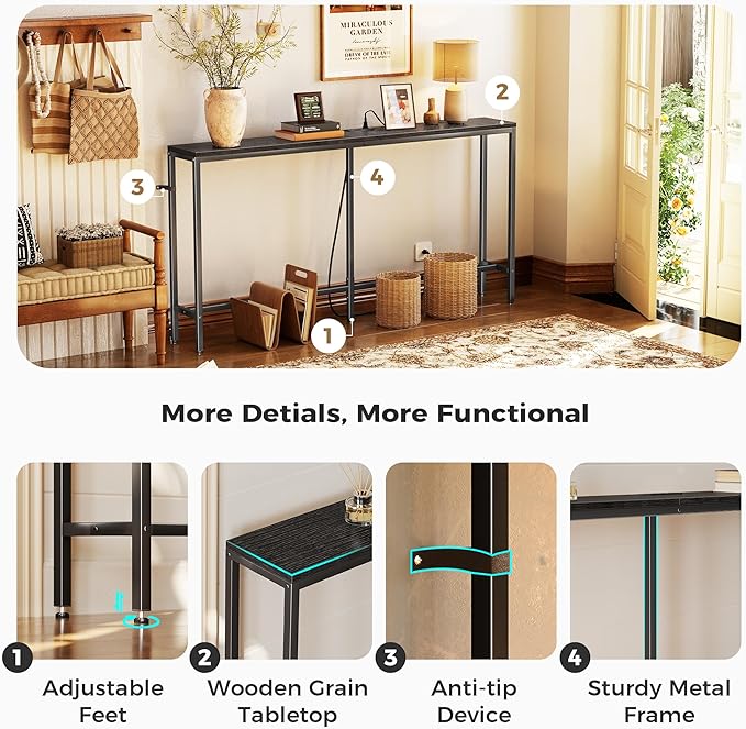 SUPERJARE Console Table with Outlet, 63 Inch Sofa Table with Charging Station, Narrow Entryway Table, Skinny Hallway Table, Behind Couch Table, for Living Room, Plants, Black-Ruum Studio Home