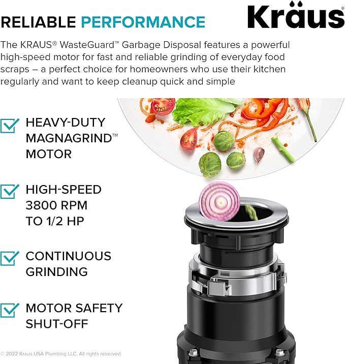 KRAUS WasteGuard 1/2 HP Continuous Feed Ultra-Quiet Motor Garbage Disposal with Quick Connect Mount, Power Cord and Flange Included, KWD110-50MBL-Ruum Studio Home