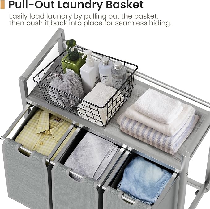 Laundry Hamper, Laundry Basket, Laundry Sorter with 3 Removable Bags, Clothes Basket with 3 Compartments, Wheels, Shelf for Laundry Room Bathroom Bedroom (3 Bags-Gray)-Ruum Studio Home