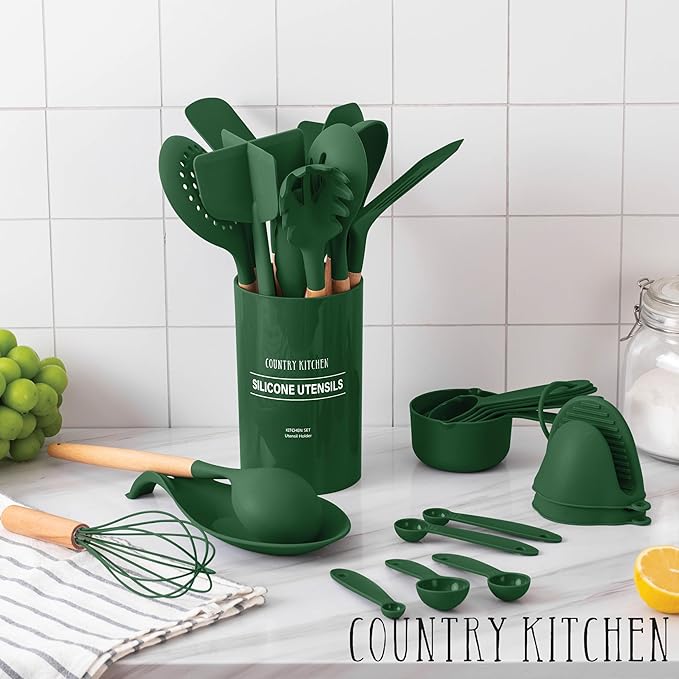 Country Kitchen Non Stick Silicone Utensil Set with Rounded Wood Handles for Cooking and Baking, 38 Piece Set, Green-Ruum Studio Home