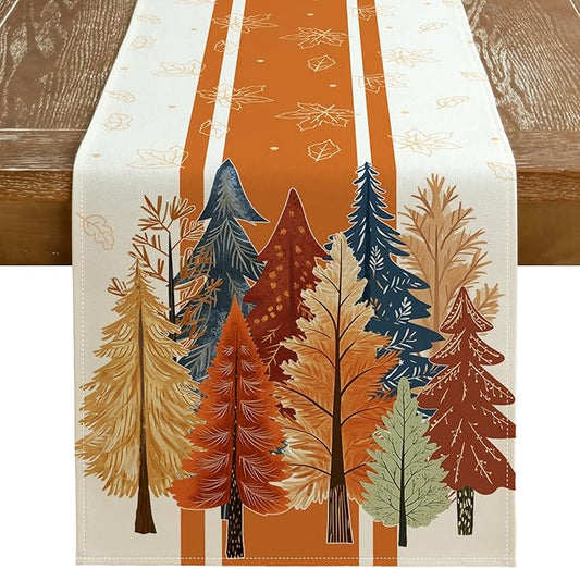 GEEORY Fall Watercolor Tree & Maple Leaves Striped Table Runner 13x36 Inch, Rustic Farmhouse Autumn Thanksgiving Decor for Kitchen, Dining, Indoor/Outdoor Holiday Dinner Party Orange GT157-36-Ruum Studio Home