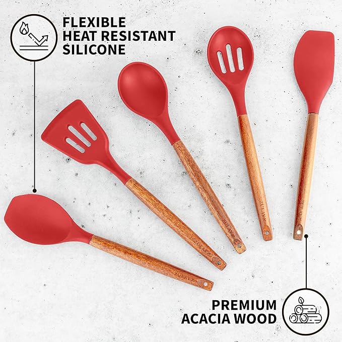 Zulay Kitchen Utensils Set Non-Stick Silicone Cooking Utensils Set with Authentic Acacia Wood Handles - 5 Piece Silicone Utensil Set - Silicone Kitchen Utensils Set with 464°F Heat Resistance - Red-Ruum Studio Home