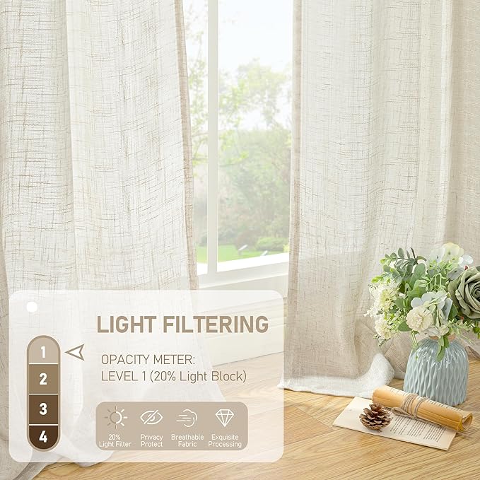 LAMIT Cream Linen Curtains 90 Inch Long 2 Panels Set for Bedroom Living Room, Soft Thick Bronze Grommet Window Drapes Semi Sheer Light Filtering Panels Farmhouse, 52 x 90 Inch, Cream Ivory-Ruum Studio Home
