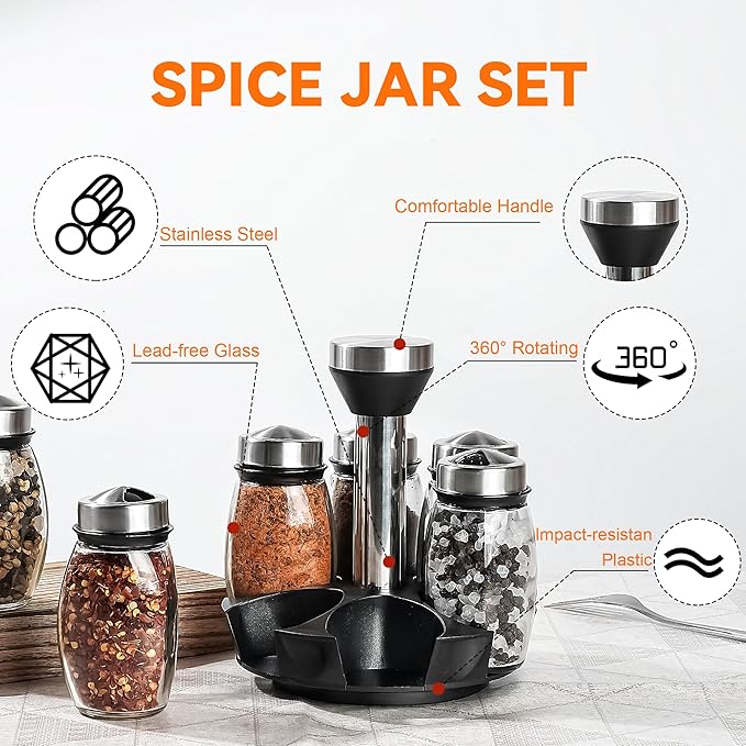 Mlici 6PC Spinning Glass Spice Jars - 360° Rotating Spice Rack Organizer with Jars, Stainless Steel Revolving Seasoning Holder Jars for Countertop Cabinet Kitchen Spices Cruets-Ruum Studio Home