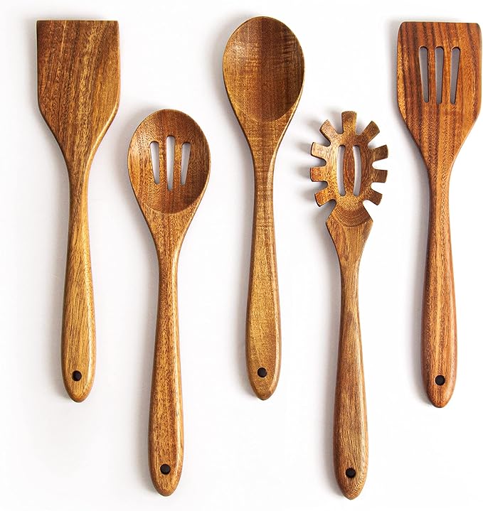 Acacia Wooden Spoons for Cooking: 5-Piece Kitchen & Cooking Utensils Set - Wooden Spatula, Slotted & Pasta Spoon - Essential Wooden Utensil Set-Ruum Studio Home
