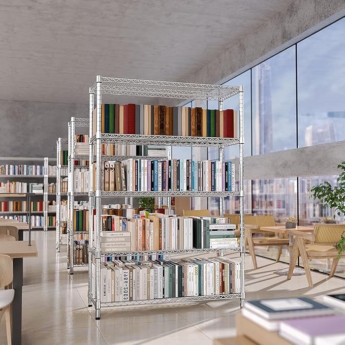 IZEUK 4250 LBS Garage Shelving Wide Storage Shelves 5 Tier Metal Shelves Heavy Duty Adjustable Utility Shelf Rack Chrome 17.7" D x 59.1" W x 70.4" H-Ruum Studio Home