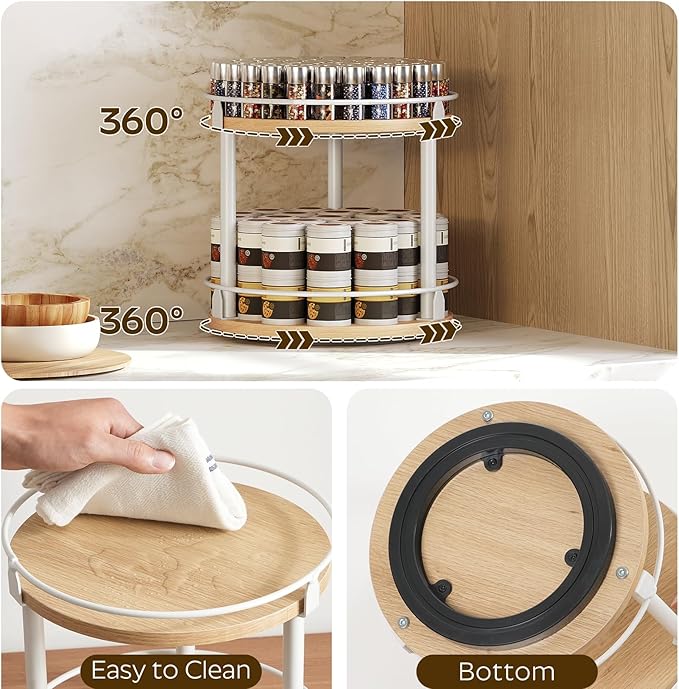 Lazy Susan Organizer, Rotating Spice Rack, 2 Tier Spice Turntable Organizer, Industrial Turntable Spice Holder, for Kitchen Countertop, Compact and Versatile, White and Natural SR22WN-Ruum Studio Home