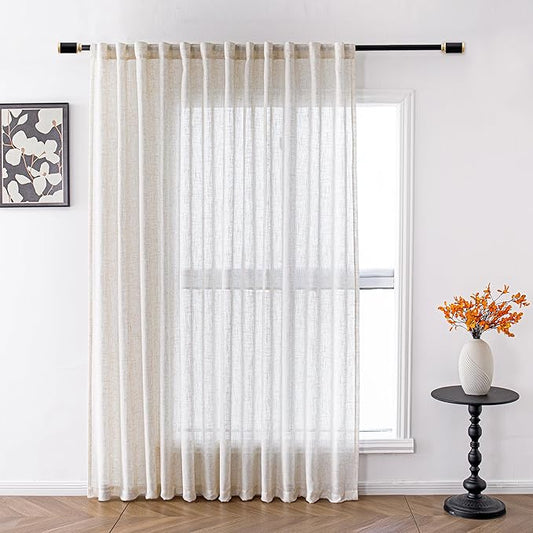 MYSKY HOME Linen Curtains for Living Room, Natural Semi Sheer Curtains & Drapes 84 inches Length 1 Panel Set Farmhouse Country Boho Style Back Tab Draperies for Sliding Glass Door, 100" Wide, Linen-Ruum Studio Home