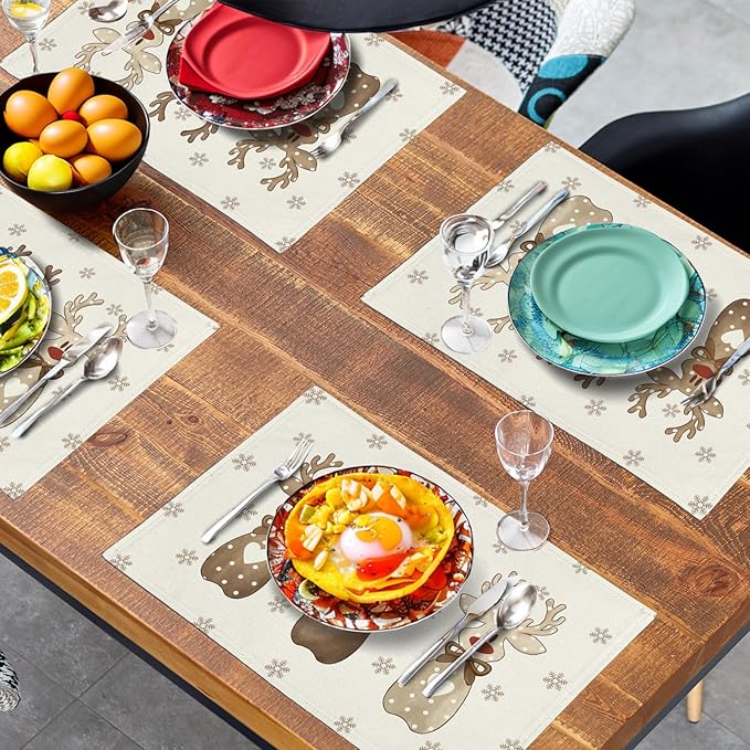 Christmas Reindeer Snowflakes Placemats Set of 4 Xmas Cute Elk Deer Place Mats 12x18 Seasonal Winter Holiday Farmhouse Linen Table Mats for Party Kitchen Dining Outdoor Indoor Decor-Ruum Studio Home