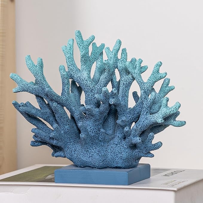 5.8" H Blue Coral Decor, Resin Coral Statue, Nautical Decorations for Home, Beach/Coastal/Ocean Themed Cabinet Shelf Tabletop Decor-Ruum Studio Home