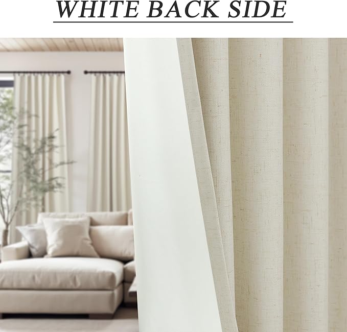 Flax Linen Blackout Living Room Curtain 84 Inch Long 2 Panel Tan Beige Black Out Burlap Farmhouse Insulated Thermal Curtain for Summer Heat Nursery Room Darkening Drapes Bedroom Back Tab 52x84 Length