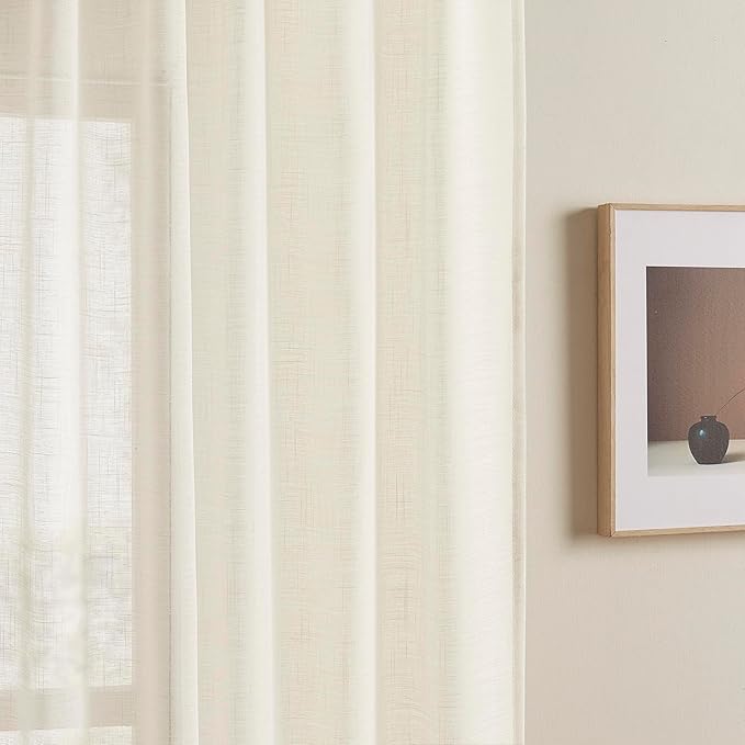 Joydeco Sheer Linen Curtains for Living Room, White Curtains 90 Inches Long 2 Panels Set, Rod Pocket Back Tab Window Privacy Assured with Light Filtering(W52 x L90 Inch,Linen)-Ruum Studio Home