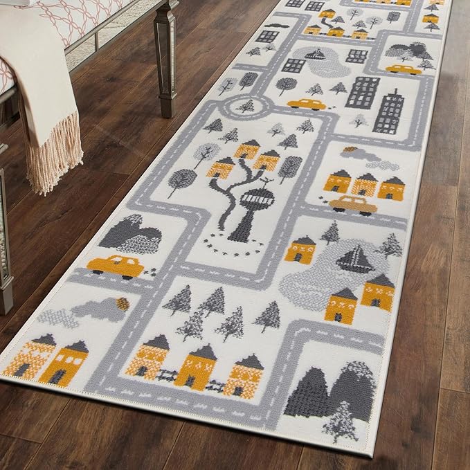 Rugshop Kids Play Road Rug for Playroom,Kidsoom,Nursery Room Interactive Cityscape for Cars and Toys Indoor Soft Runner Rug 2'x7' Cream-Ruum Studio Home