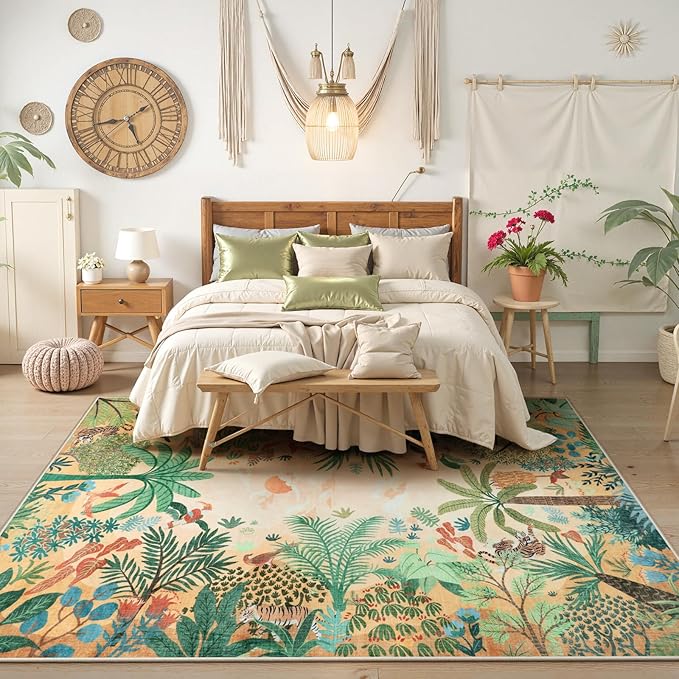 LIVEBOX Boho 8x10 Area Rugs for Living Room, Washable Soft Jungle Animal Print Rug for Bedroom, Farmhouse Non Slip Rug Floor Carpet, Forest Dining Room Rugs for Under Table-Ruum Studio Home