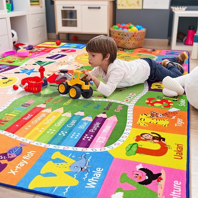 9x12 Washable Area Rug, Educational and Fun Kids Rug for Classroom Playroom Living Room Bedroom, Learning and Safe Playmat with ABC Alphabet Animals,Baby Toddler Children Play Mat-Ruum Studio Home